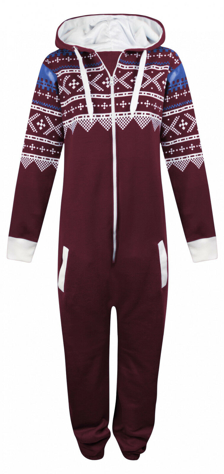 Adult Wine  Aztec Design Onesie. Cotton Lined Hood With Fleece Lining In The Rest Of The Onesie. The Cuffs and Ankles Are Ribbed Elastic. These Are To Be Worn Loosely. Sizes Small To X- Large.