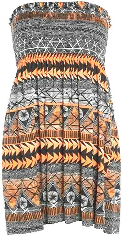 Ladies Orange Aztec Boob Tube Short Style Dress.