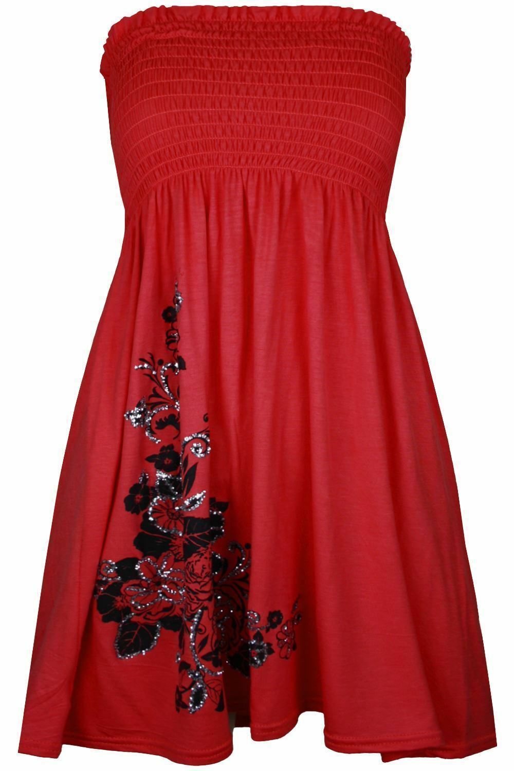 Ladies Red & Black Flower Boob Tube Short Style Dress.