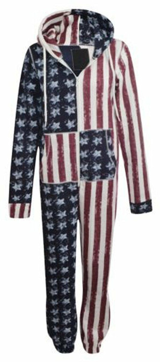 American Flag Onesie Perfect For Lounging Around The House. Available In  Ages 5-10.  Has A Zip Fastening And A Hood With A Drawstring Option Has Elasticated Cuffs And 2 Pockets At The Front.