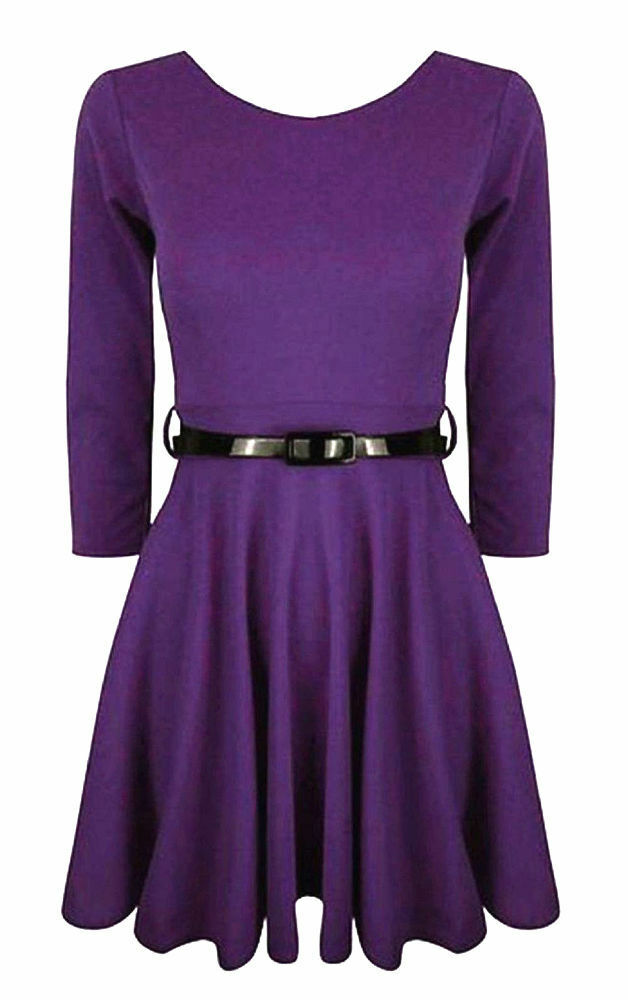 Girls Plain Purple Skater Dress With Belt, Long Sleeve, Ages 7-8, 9-10, 11-12, 13