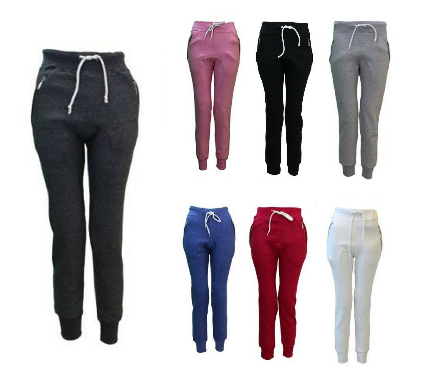Ladies Jogging Bottoms With Zip Pockets. Available Sizes 8-14. They Have A Ribbed Elasticated Ankle Cuffs &  Waist With Drawstring Feature.