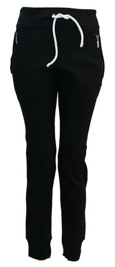 Ladies Black Jogging Bottoms With Zip Pockets. The Ankle Cuffs Are Elasticated. The Waist Band Is Also Elasticated With Drawstring Detail. Available In Sizes 8-14.