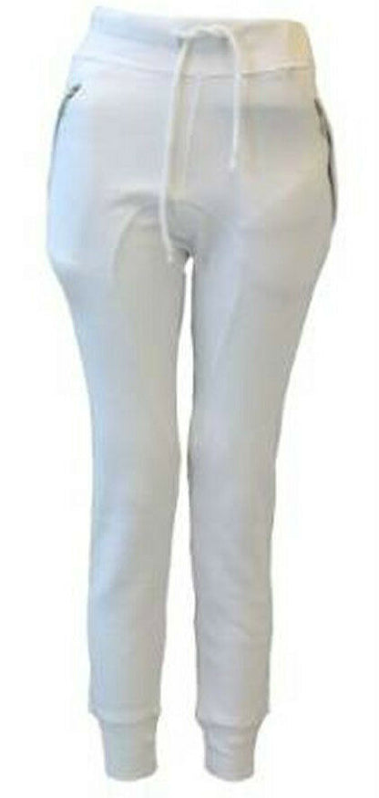 Ladies White Jogging Bottoms With Zip Pockets. The Ankle Cuffs Are Ribbed & Elasticated. The Waist Band Is Also Ribbed & Elasticated With Drawstring Detail. Available In Sizes 8-14.