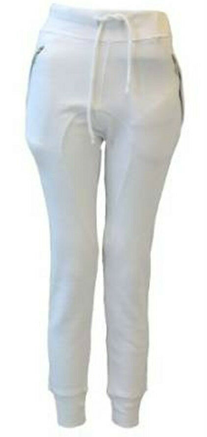 Ladies White Jogging Bottoms With Zip Pockets. The Ankle Cuffs Are Ribbed & Elasticated. The Waist Band Is Also Ribbed & Elasticated With Drawstring Detail. Available In Sizes 8-14.