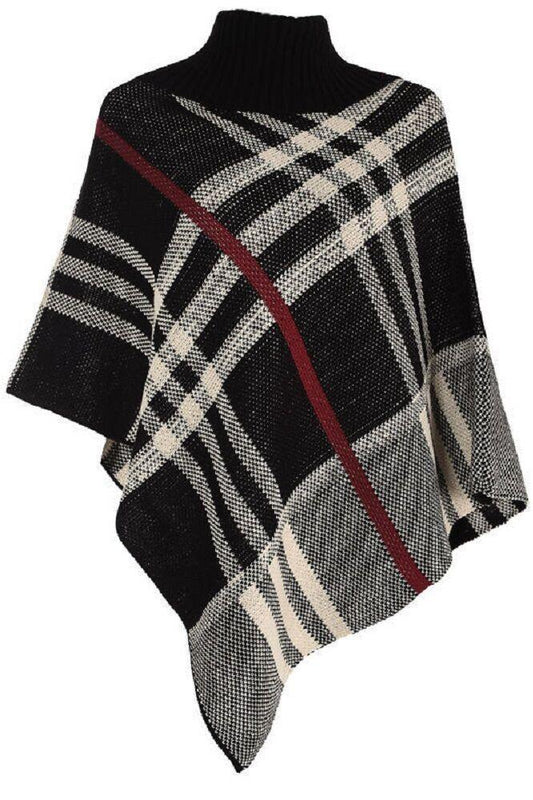 Ladies Black Tan Polo Neck Poncho. One Size.