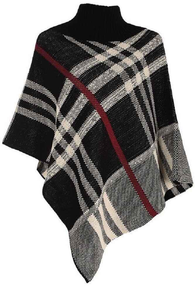 Ladies Black Tan Polo Neck Poncho. One Size.