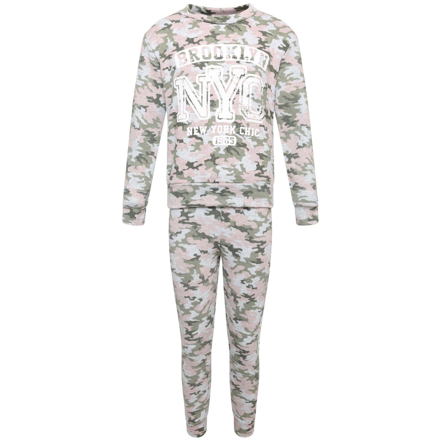 Children's Brooklyn NYC Pale Pink & Green Camo Loungewear Set.