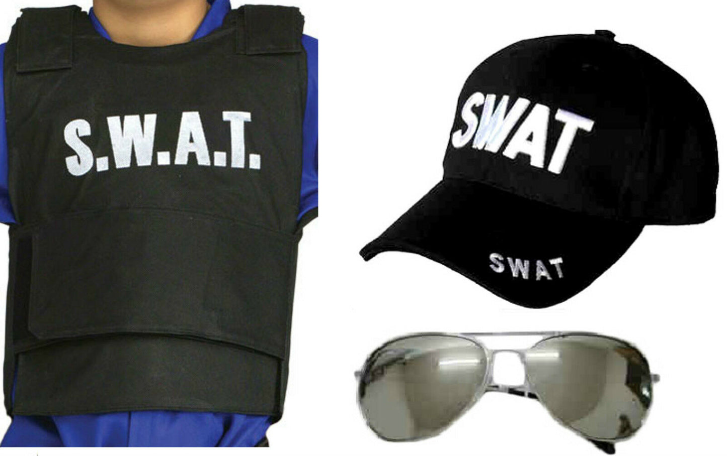Children's S.W.A.T Fancy Dress / Cosplay Outfit. Ages 5-13. 3 Piece Set Includes Hat, Vest & Glasses. Single Option Of S.W.A.T T-Shirt Available.