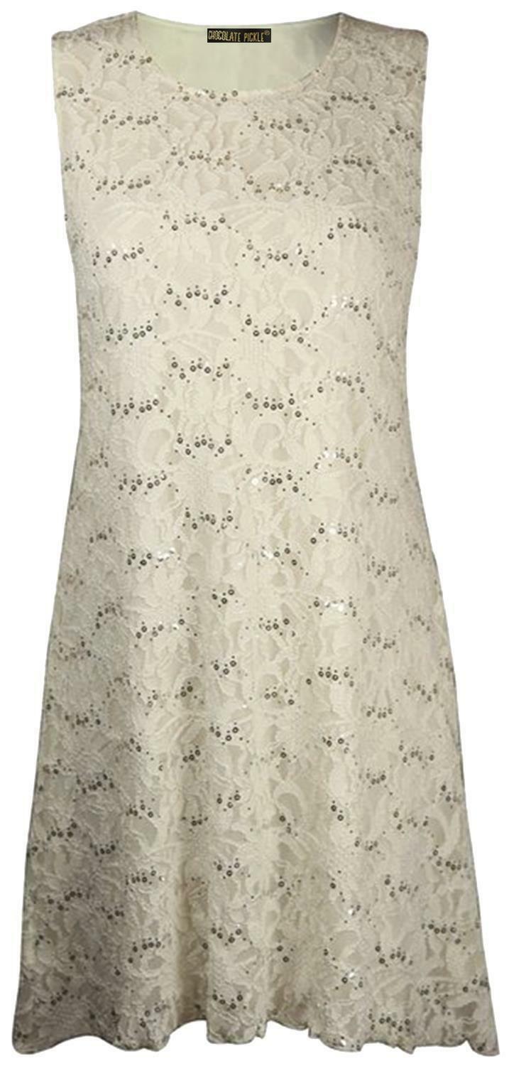 Ladies Cream Lace & Sequin Overlay Dress.