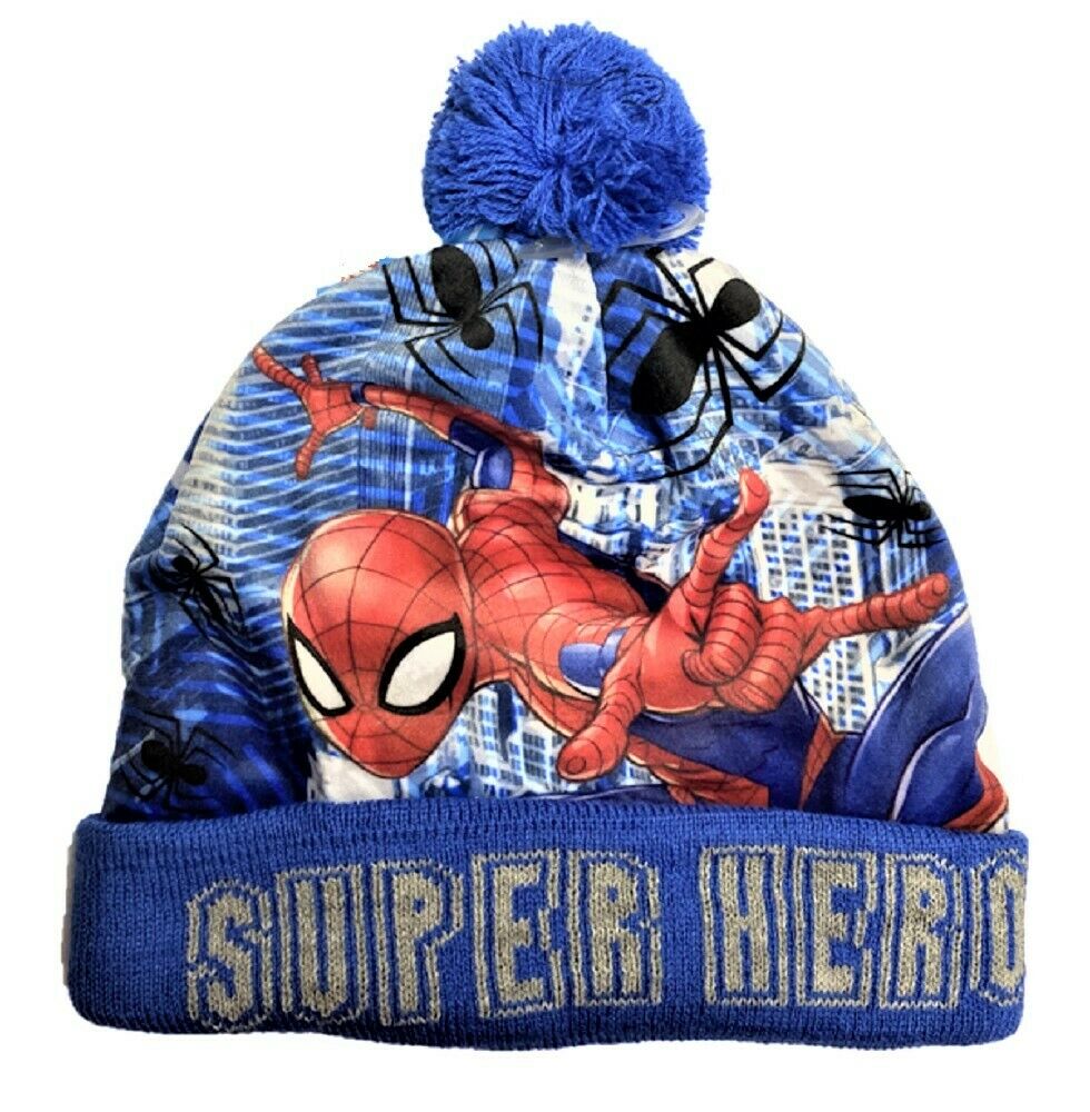 Children's Licensed Spiderman Bobble Hat In Blue. Ages 2-6 & 7-10 Available.