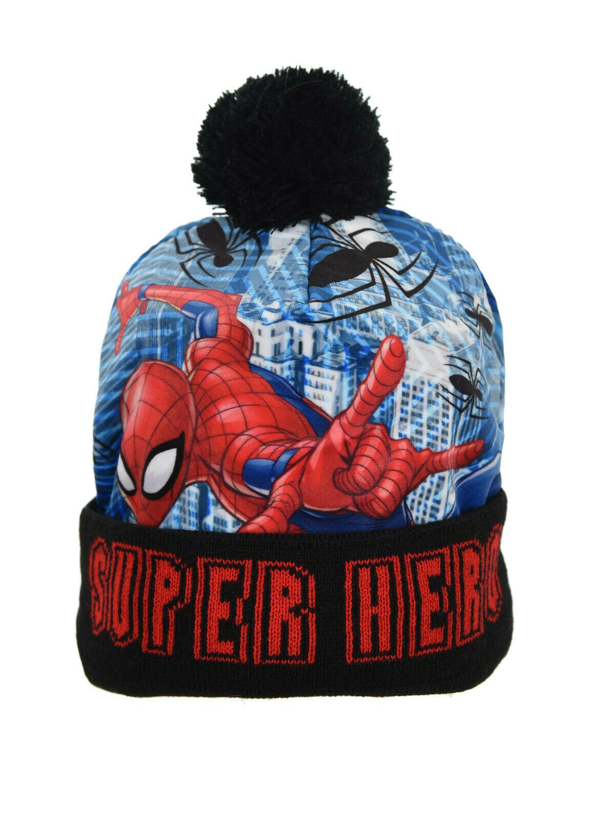 Children's Licensed Spiderman Black Bobble Hat. Ages 2-6 & 7-10 Available.