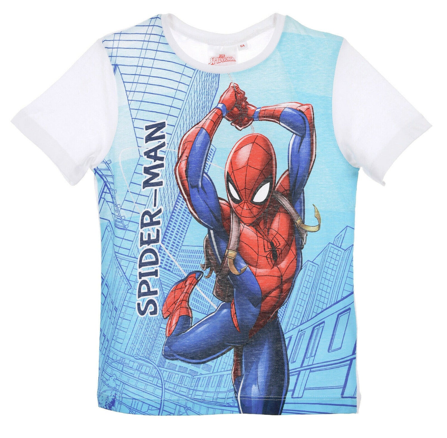 Boys Spiderman White & Light Blue Short Sleeve T-Shirt. Ages 3 To 8, They Are Perfect For A Gift Or Treat. They Are Official Merchandise.