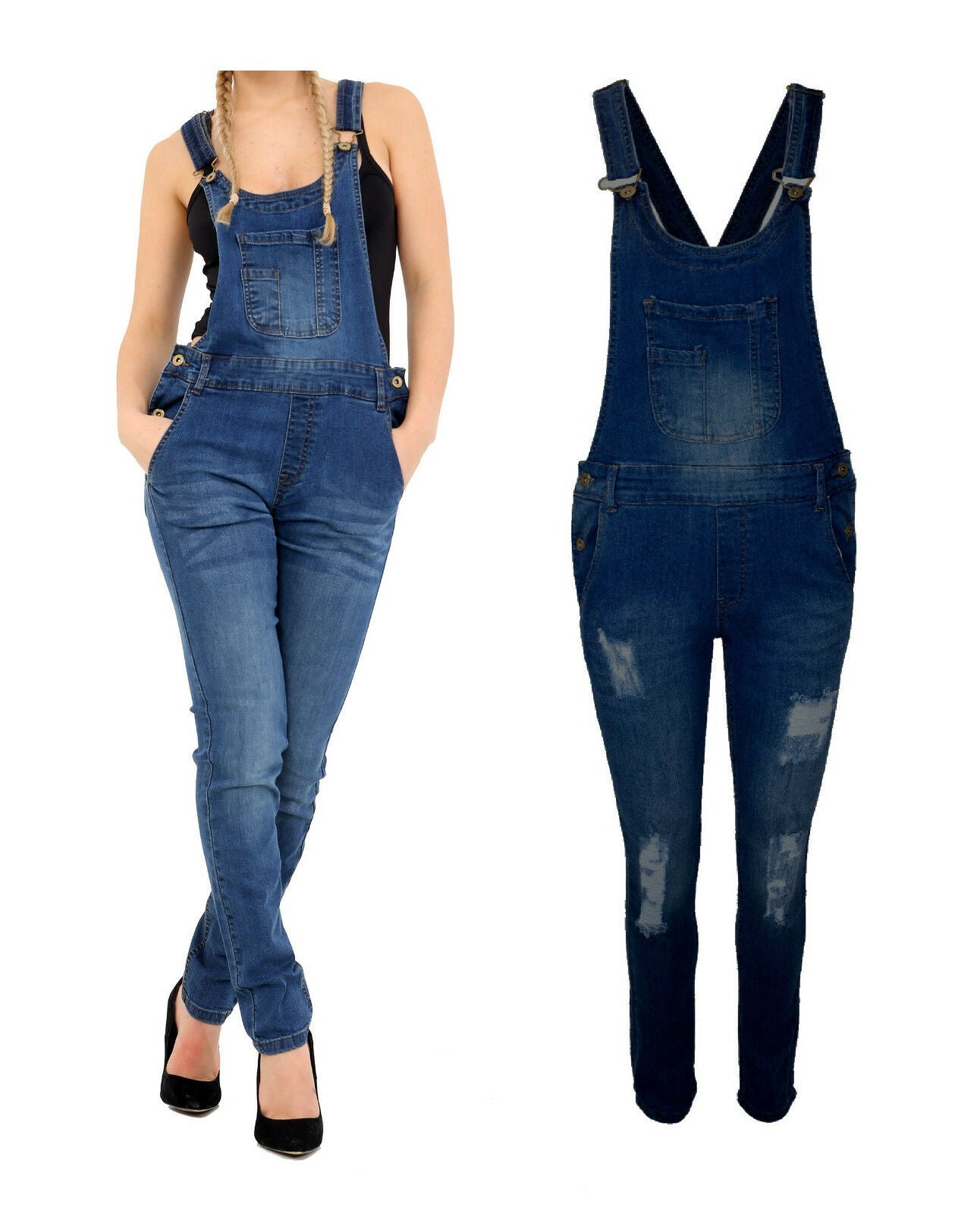 Ladies Long Length Dungaree's In Sizes 8-22. Colours Are Mid & Dark Wash Also A ripped option Is Available. They Have Pockets At The Front And Adjustable Straps. Also Have Button Details At The Sides.