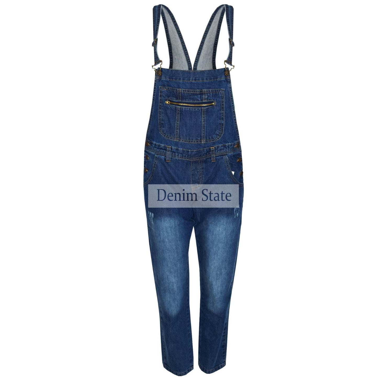 Ladies Dark Long Length Dungaree's. These Have A Zip Pocket At The Front And Side Pockets. Sizes 8-22 Available. The Straps Are Adjustable Also.