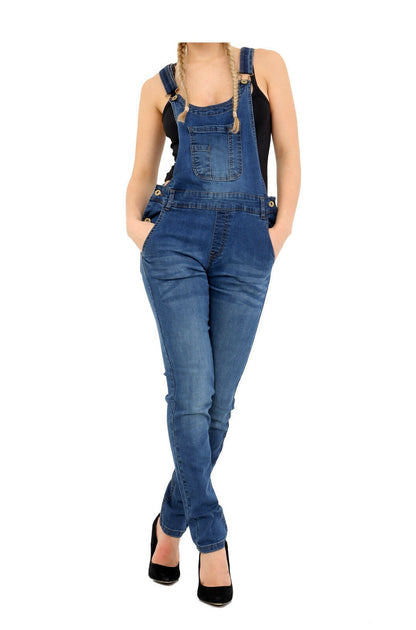 Ladies Mid Wash Long Dungaree's In Sizes 8-22. The Straps Are Adjustable And Has A pocket On The Front With 2 Additional Side Pockets.  