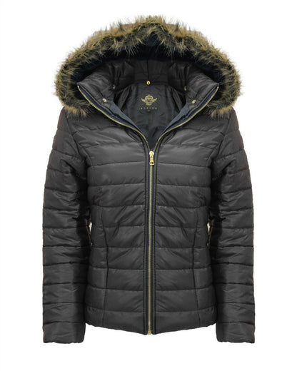 Ladies Black Wet Look Short Length Coat. It Has A Detachable Fur Hood 2 Front Zip Pockets And Is a Zip Up Coat. Available In Sizes 8-14.