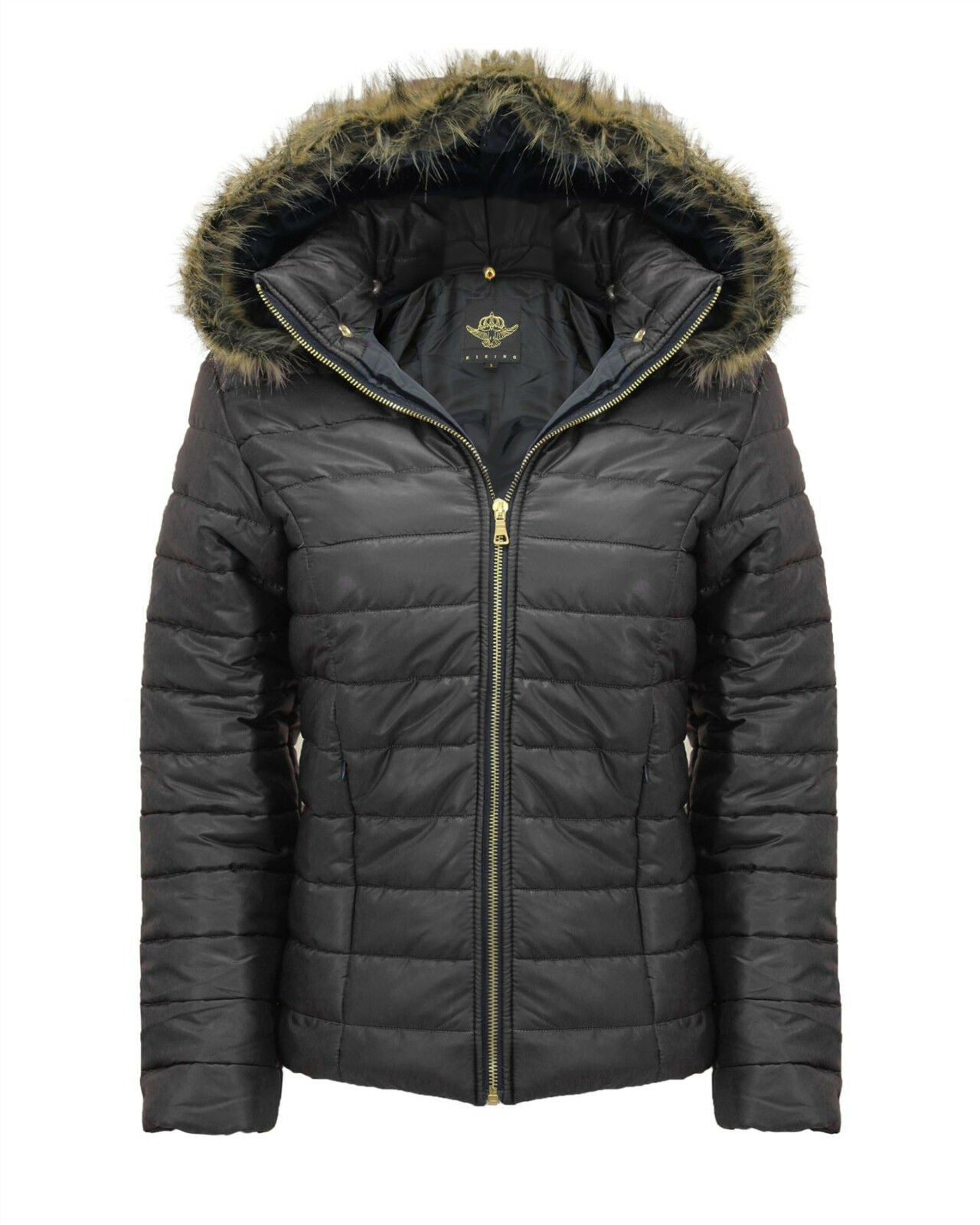 Ladies Black Wet Look Short Length Coat. It Has A Detachable Fur Hood 2 Front Zip Pockets And Is a Zip Up Coat. Available In Sizes 8-14.