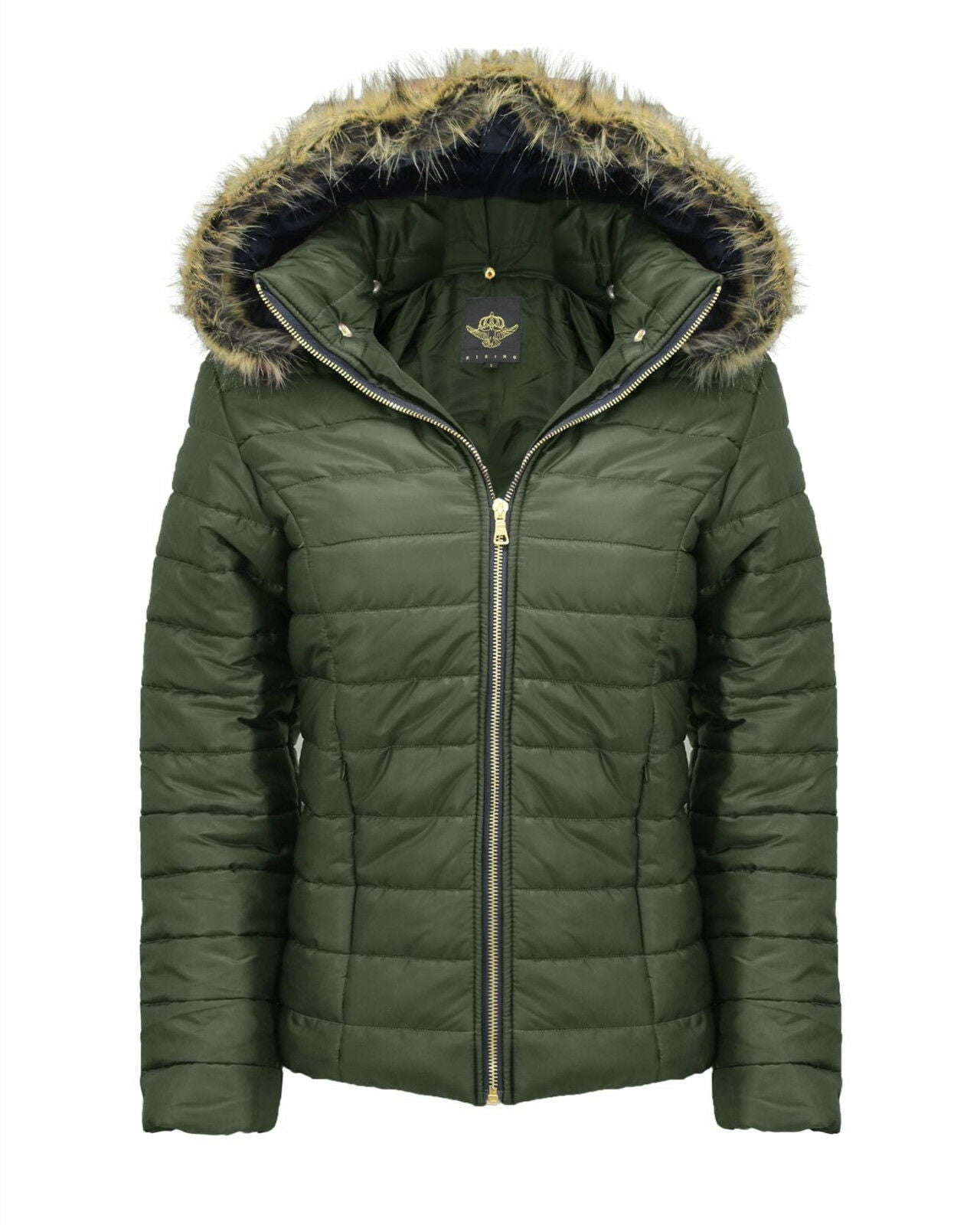 Ladies Khaki Wet Look Short Length Coat. It Has A Detachable Fur Hood 2 Front Zip Pockets And Is a Zip Up Coat. Available In Sizes 8-14.