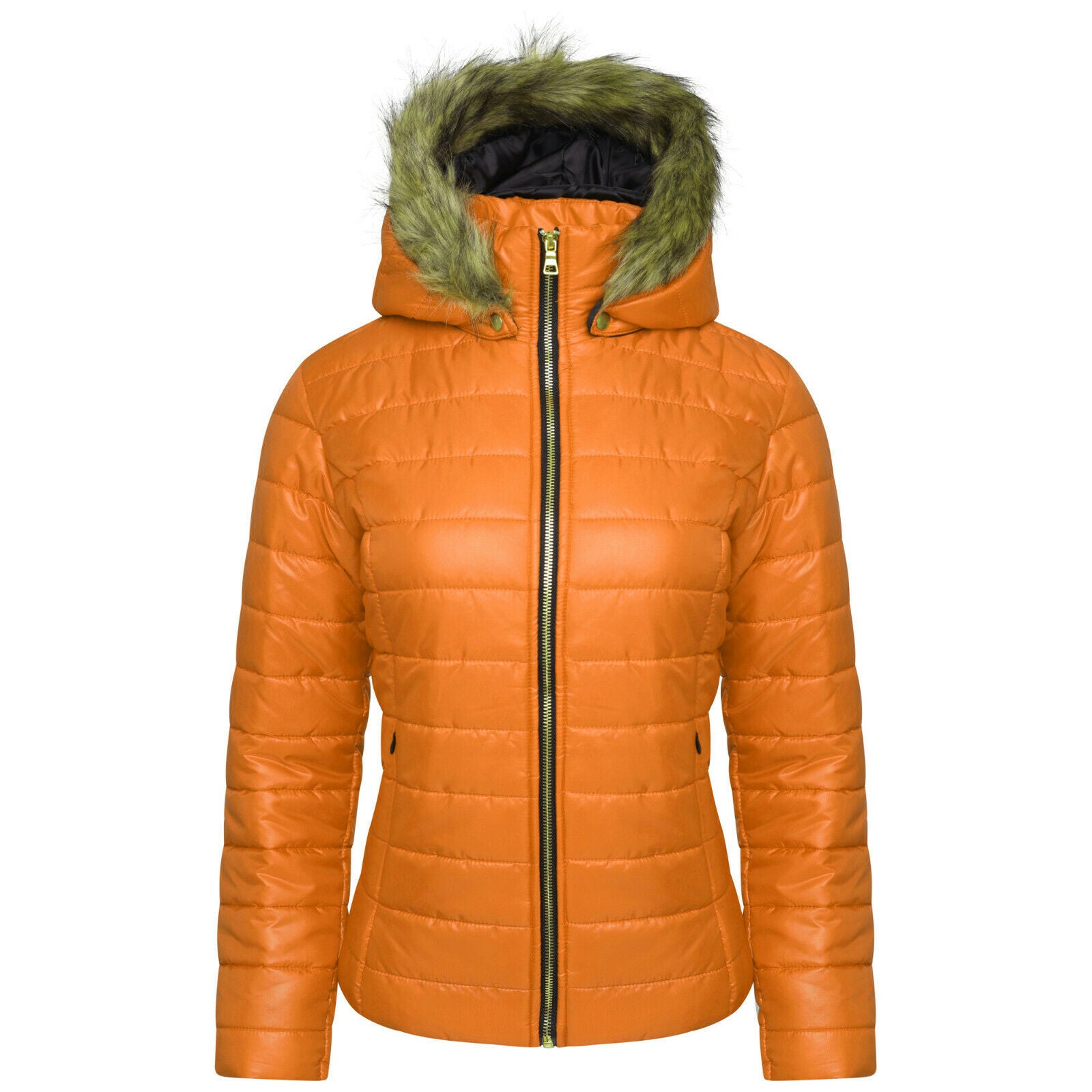 Ladies Black Mustard Look Short Length Coat. It Has A Detachable Fur Hood 2 Front Zip Pockets And Is a Zip Up Coat. Available In Sizes 8-14.
