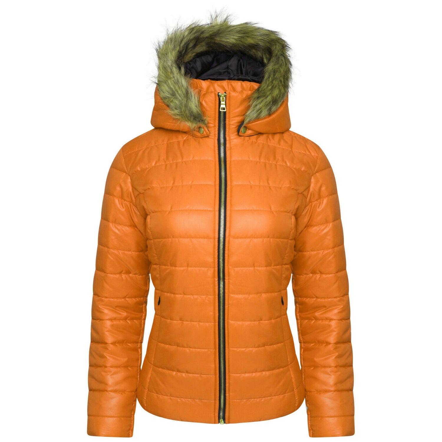 Ladies Black Mustard Look Short Length Coat. It Has A Detachable Fur Hood 2 Front Zip Pockets And Is a Zip Up Coat. Available In Sizes 8-14.