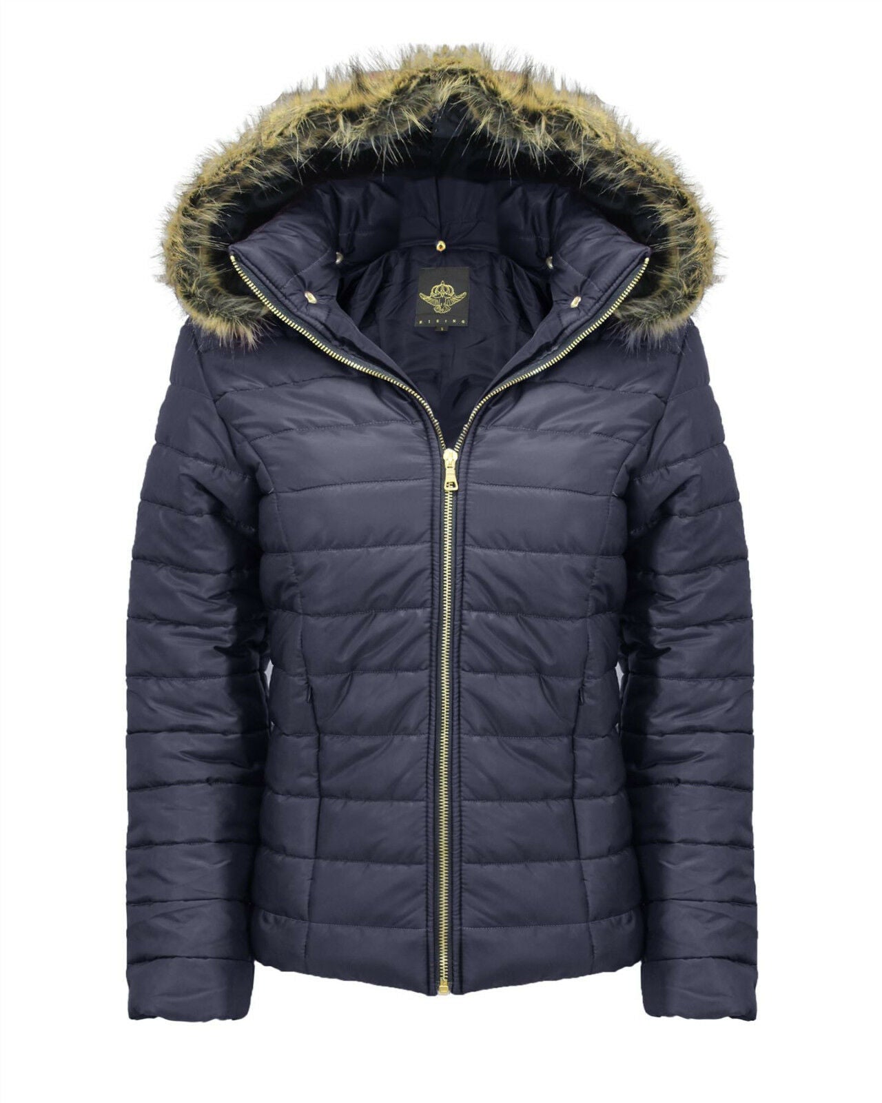 Ladies Navy Wet Look Short Length Coat. It Has A Detachable Fur Hood 2 Front Zip Pockets And Is a Zip Up Coat. Available In Sizes 8-14.