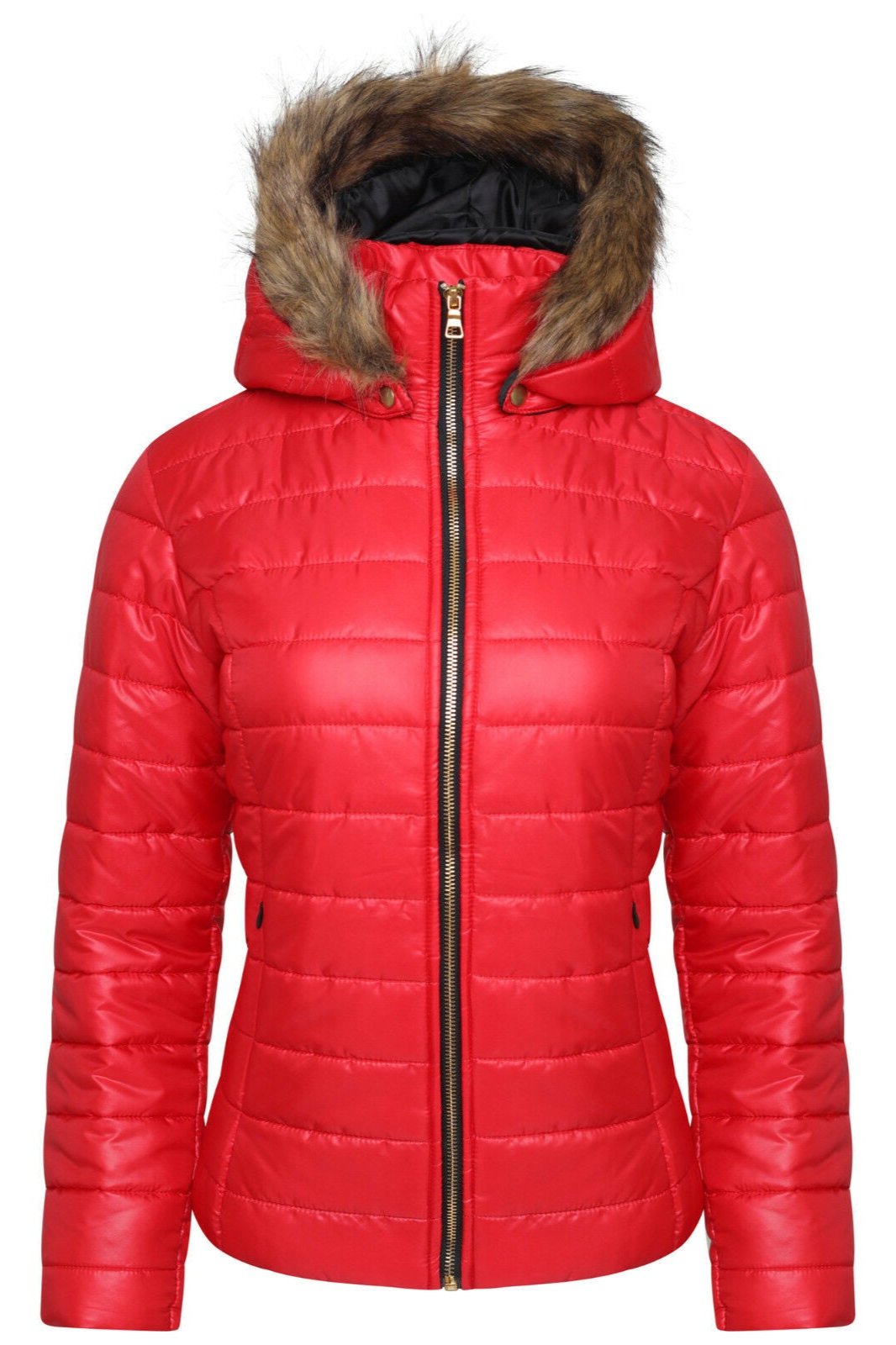 Ladies Red Wet Look Short Length Coat. It Has A Detachable Fur Hood 2 Front Zip Pockets And Is a Zip Up Coat. Available In Sizes 8-14.