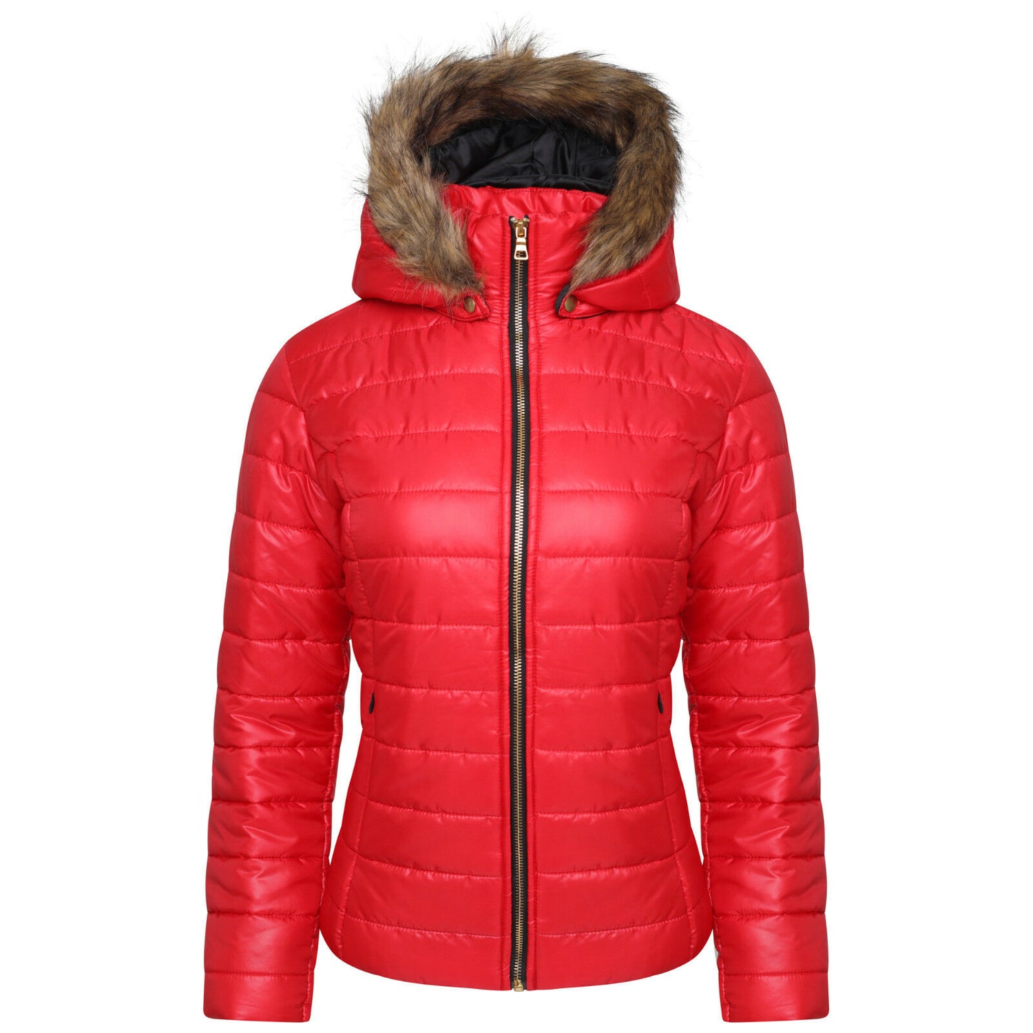 Ladies Red Wet Look Short Length Coat. It Has A Detachable Fur Hood 2 Front Zip Pockets And Is a Zip Up Coat. Available In Sizes 8-14.