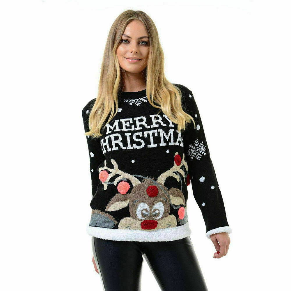 Ladies Christmas Jumper in Black With Rudolph Design And Pom Poms.