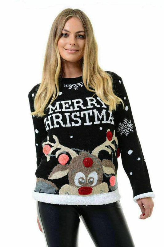 Ladies Christmas Jumper in Black With Rudolph Design And Pom Poms.