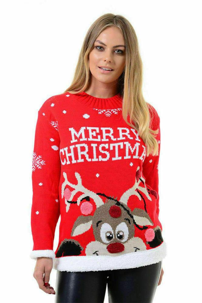 Ladies Merry Christmas Jumper In Red With Rudolph and Pom Pom Design.