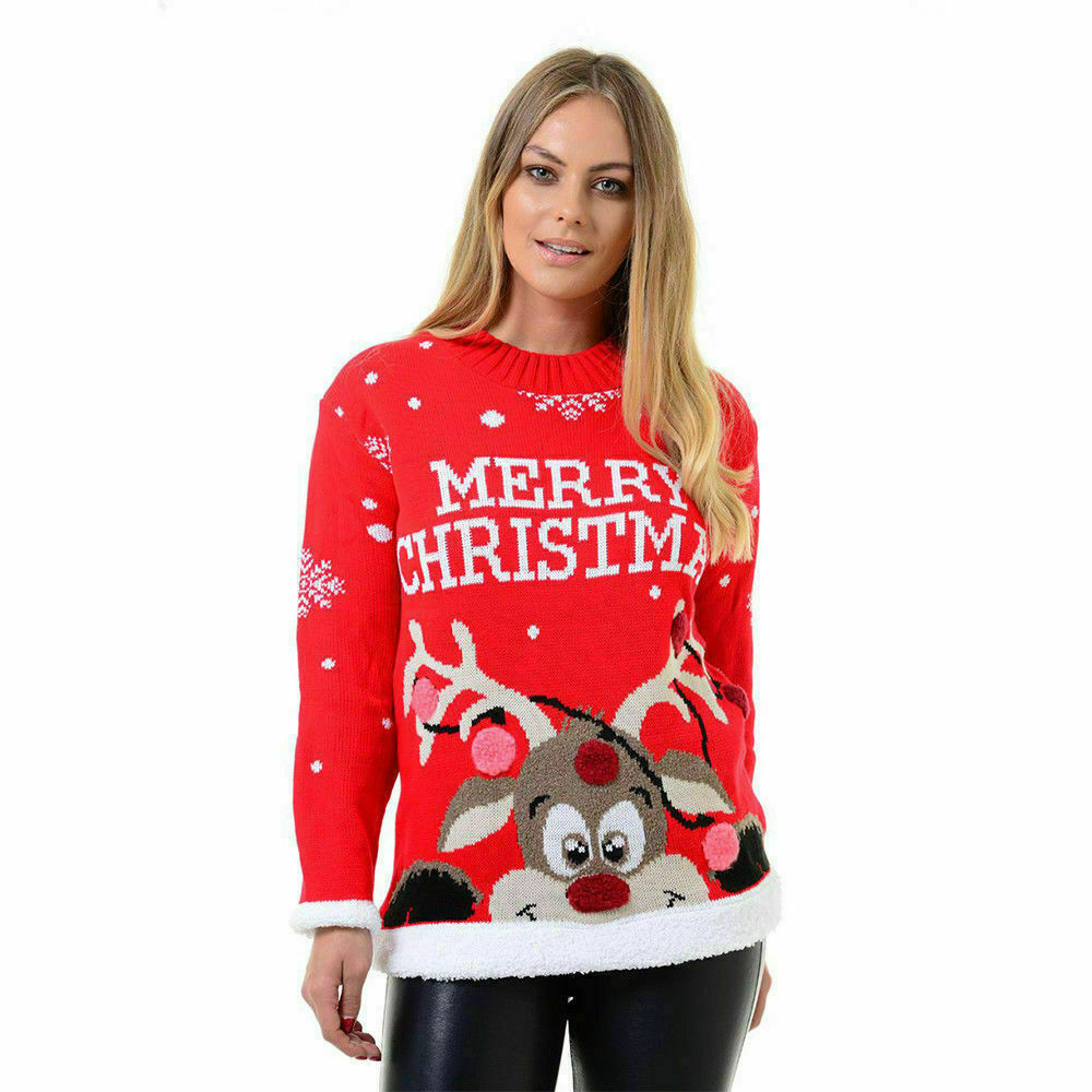 Ladies Merry Christmas Jumper In Red With Rudolph and Pom Pom Design.