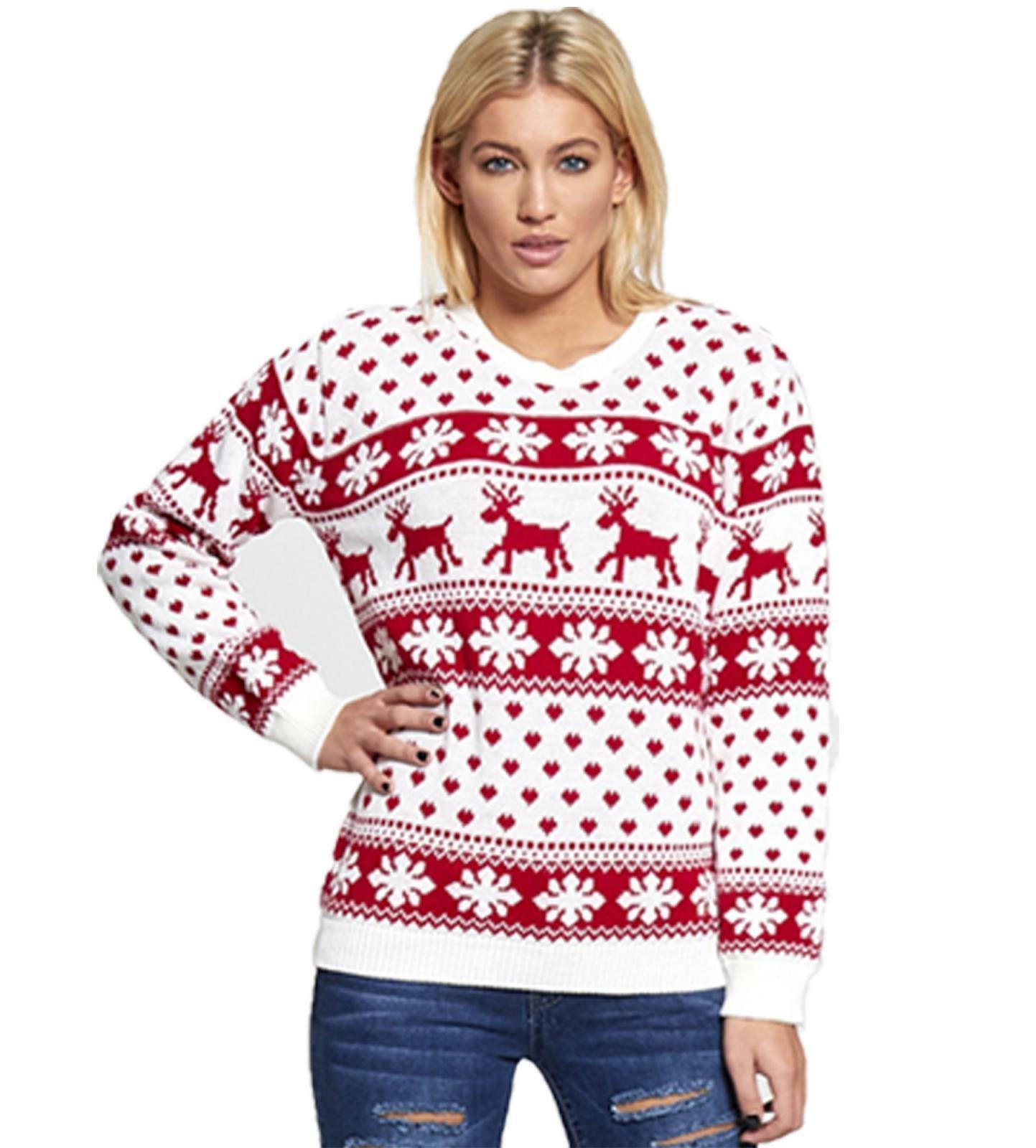 Ladies White & Red Rudolph Novelty Christmas Jumper.