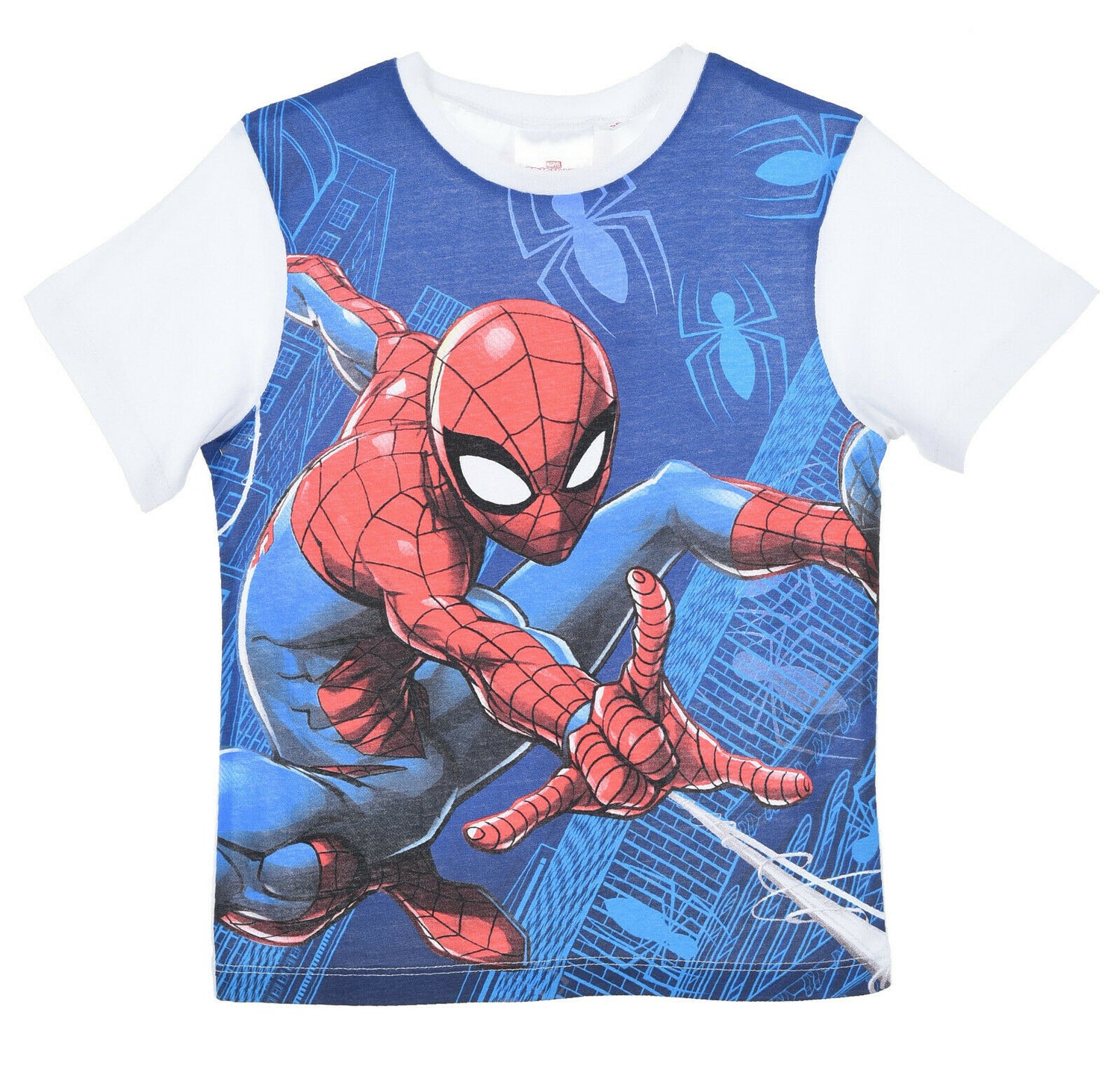 Spiderman  White & Blue Boys Short Sleeve T-Shirt. Ages 3 To 8. These Are Official Merchandise 