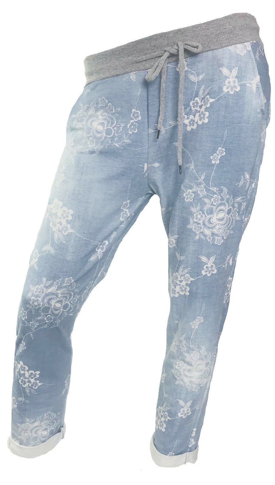 Ladies Italian Light Blue & Floral Denim Cropped pants. Sizes 8-14, 16-18 Available.