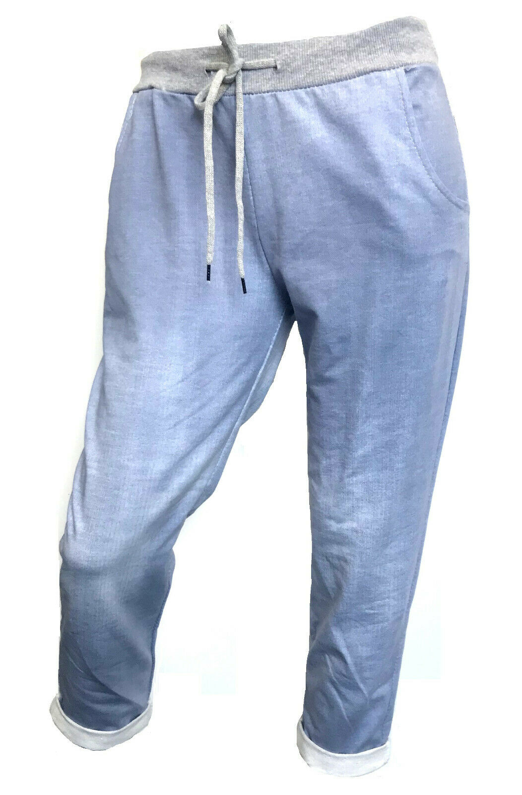 Ladies Italian light Blue Denim Cropped lounge pants. Sizes 8-14, 16-18 Available.