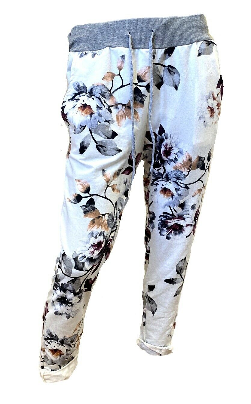Ladies Italian White & Floral Cropped Lounge Pants. Sizes 8-14, 16-18 Available.