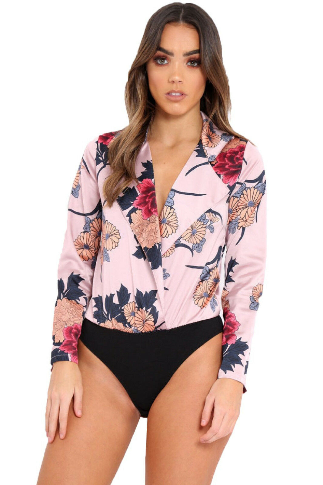 Ladies Dusty Pink Plunge Neck Long Sleeve Floral Body Suit.