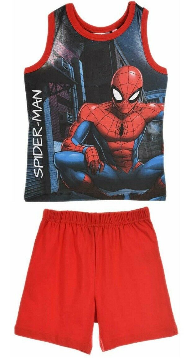 Boys Spiderman Pyjamas. Perfect For Any Spiderman Lover. This Is The Vest Top  And Shorts In Navy & Red In Ages 3 To 8. These Are Official Merchandise.
