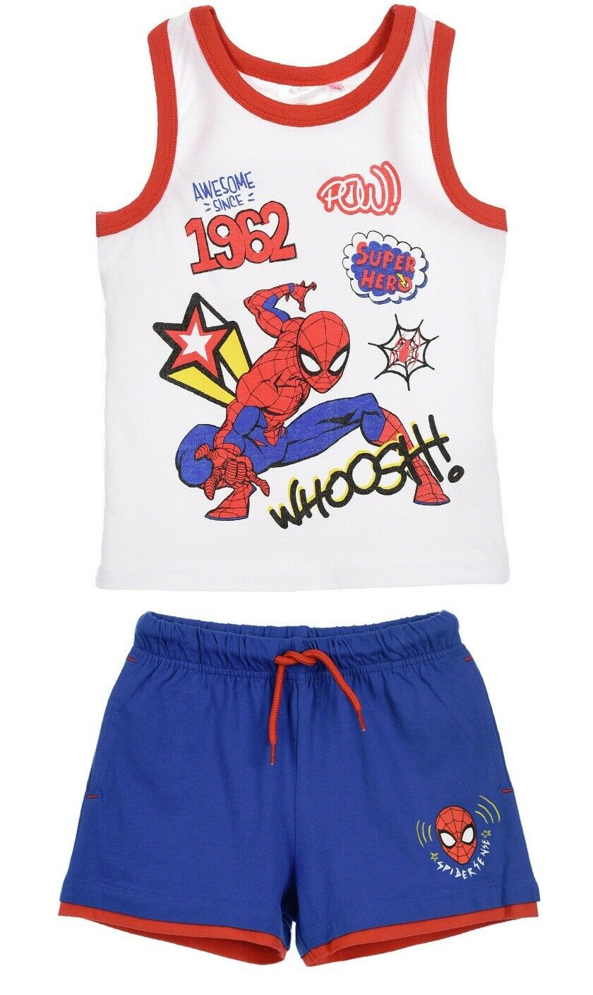 Boys Spiderman Pyjamas. Perfect For Any Spiderman Lover. This Is The Vest Top And Shorts In White, Red & Blue. In Ages 3 To 8. These Are Official Merchandise.
