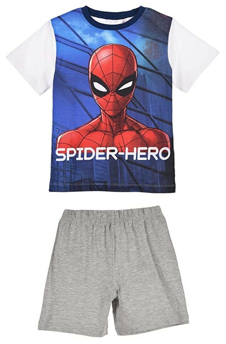 Boys Spiderman Pyjama In Blue & Grey. Perfect For Any Spiderman Lover. This Is The Short Sleeve Top And Short Option. In Ages 3 To 8. These Are Official Merchandise.