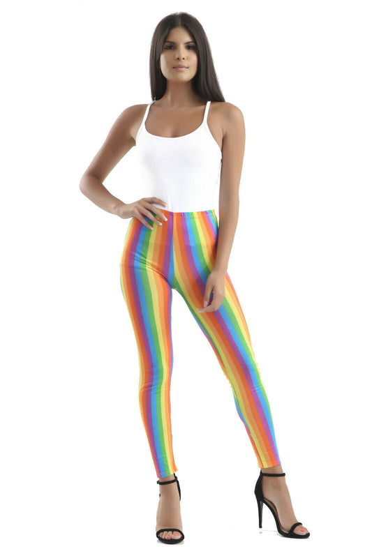 Ladies Neon Rainbow Stripe Leggings.