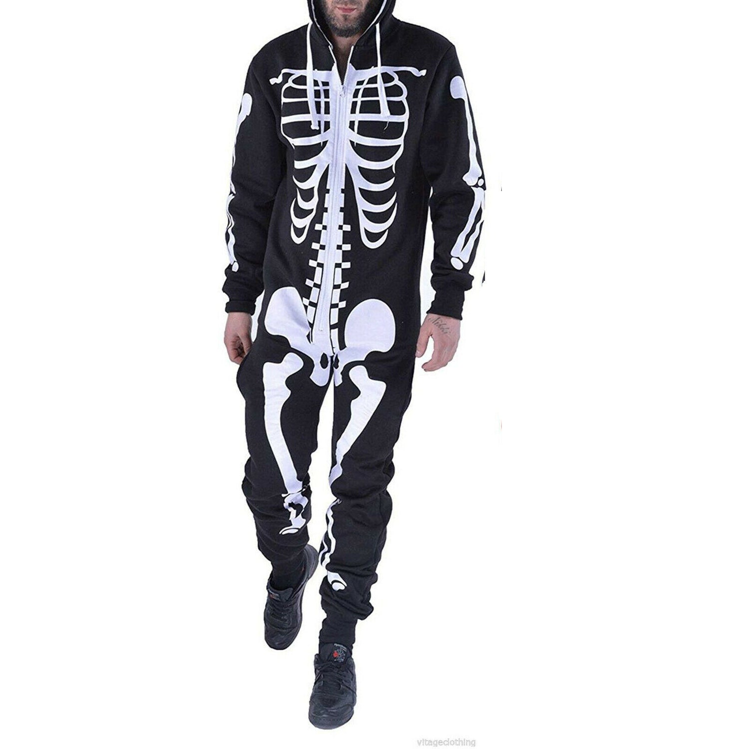 Adult Black Skeleton Onesie. Perfect For Halloween. Sizes Start At A Small And Go To An X-Large.