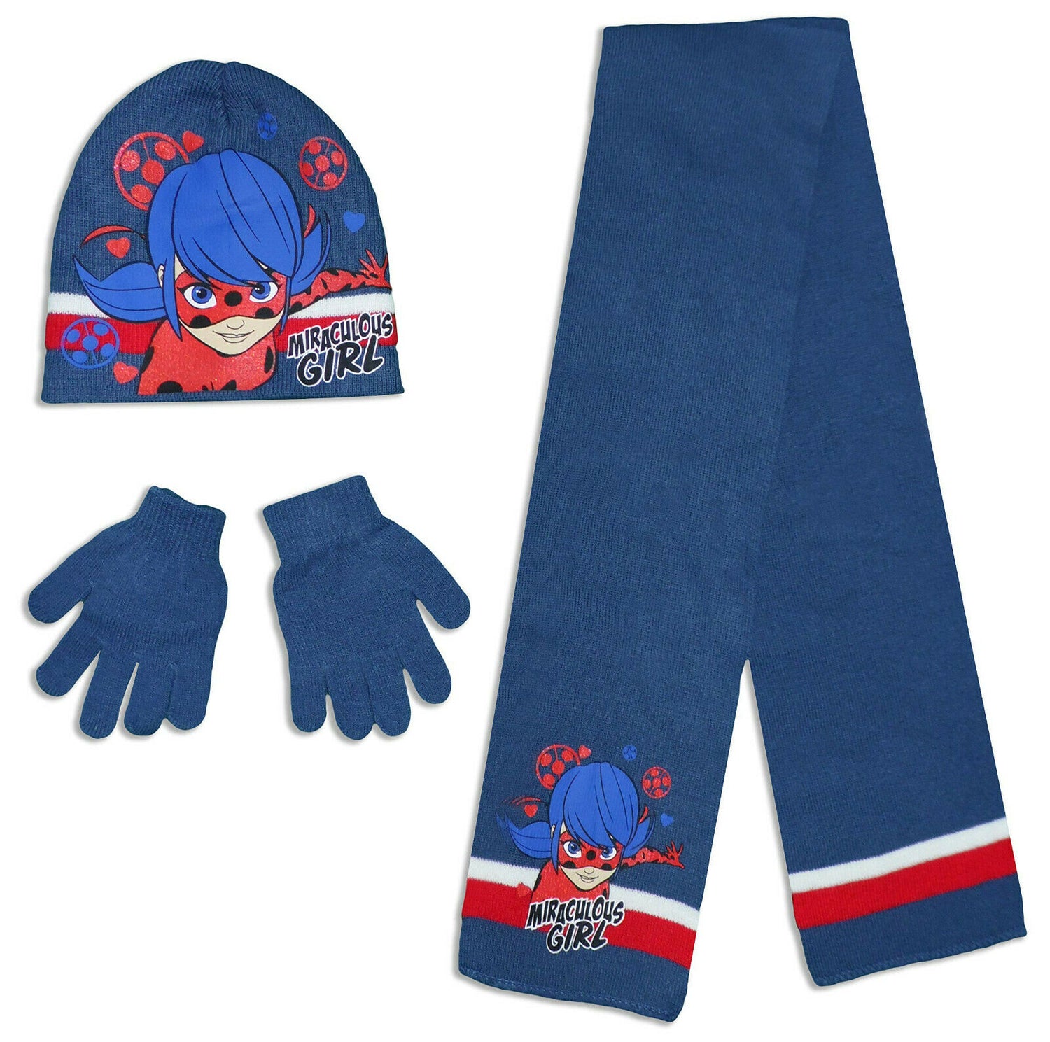 Miraculous Tales Of Ladybug & Cat Noir Hat, Glove & Scarf Set. Perfect For Any Fan Ages 2-5 (52cms), Ages 5-8 (54cms) In Navy Blue. These Are Official Merchandise.