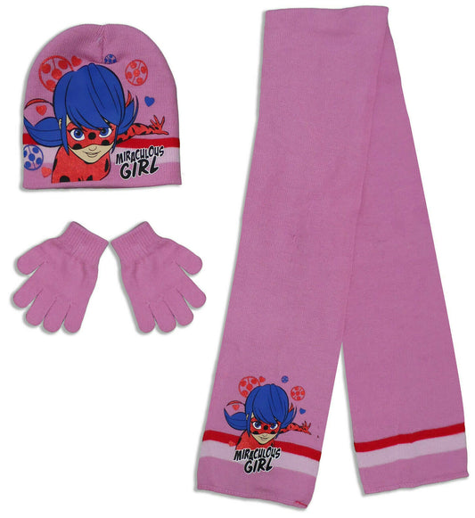Miraculous Tales Of Ladybug & Cat Noir Hat, Glove & Scarf Set. Perfect For Any Fan Ages 2-5 (52cms), Ages 5-8 (54cms) In pink. These Are Official Merchandise.