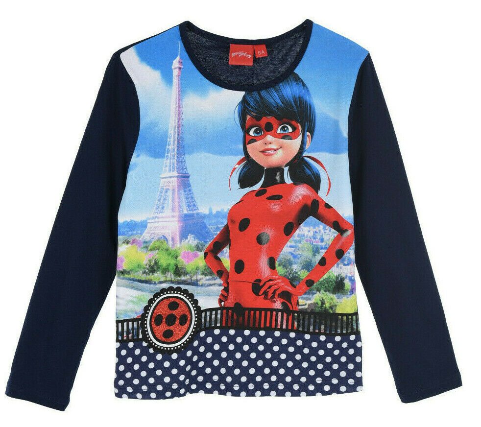 Miraculous Ladybug & Cat Noir, Grey Long Sleeve T-Shirts, Ages 4, 5, 6, 8, 100% Cotton, Official Merchandise