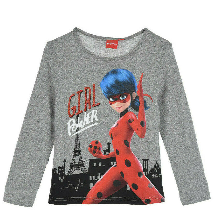 Miraculous Ladybug & Cat Noir, Grey Long Sleeve T-Shirts, Ages 4, 5, 6, 8, 100% Cotton, Official Merchandise