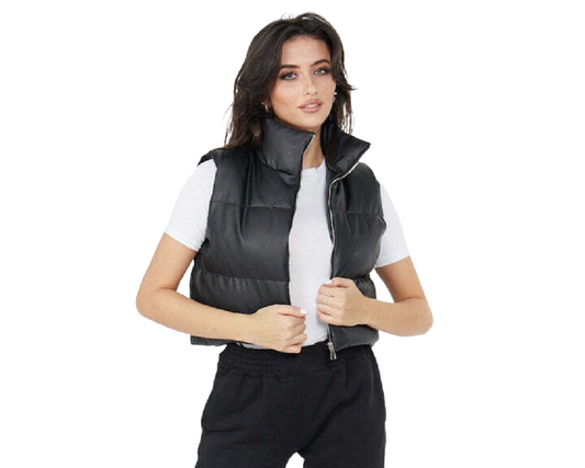 Faux Leather Puffer Padded Gilet Cropped Jacket