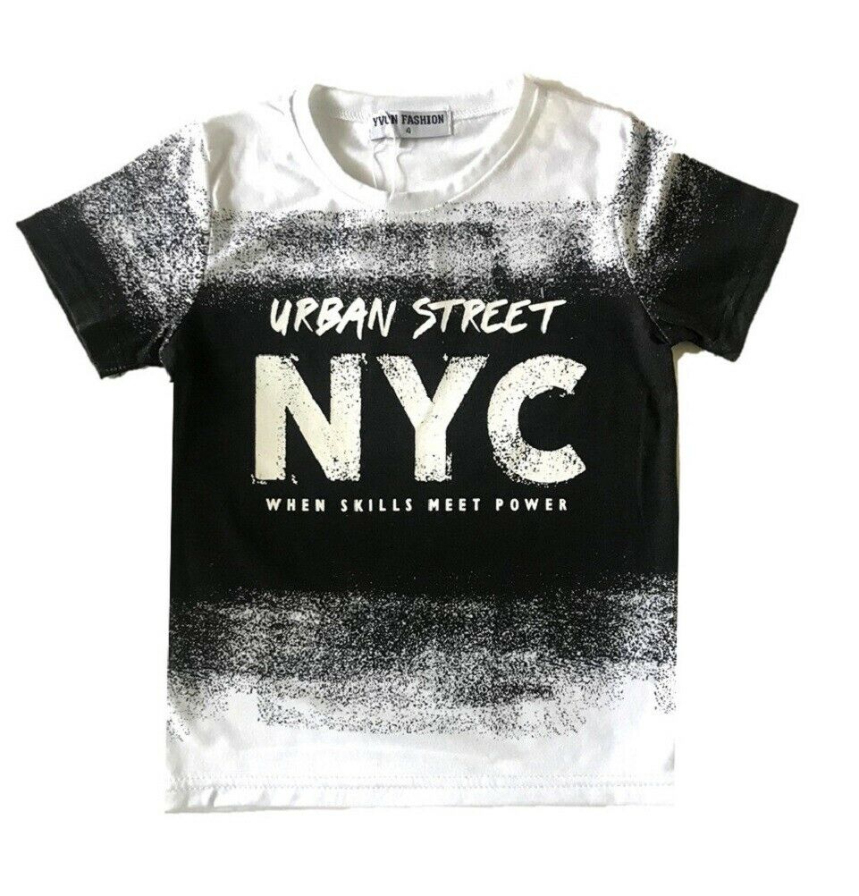 Boys Short Sleeve T-Shirt. It Is Black & White Urban Street NYC Design T-Shirt . Perfect For The Summer Weather Or Sporting Activities. Sizes 4-12 Available