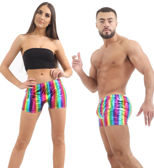 Unisex Shiny Metallic Rainbow Pride Hot Pants